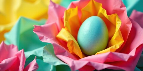 Pastel-colored tissue paper flower cradling a single, delicately painted egg