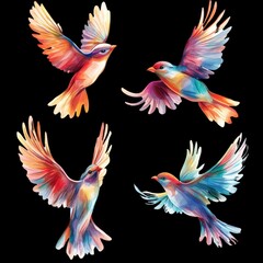 Obraz premium Colorful Abstract Birds in Flight Collection on Black Background Displaying Vibrant Feathers and Elegant Movement Featuring Artistic Brush Stroke Style