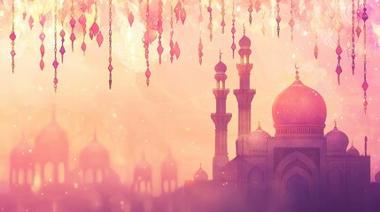 Festive Mosque Sunset, Ramadan Decorations, Cityscape, Holiday Card