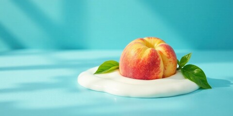 A single ripe peach rests gently on a dollop of creamy white substance against a serene light blue backdrop illuminated by soft, diffused sunlight.