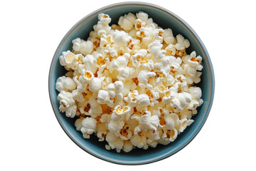 Freshly popped popcorn in a blue bowl ready for movie night snack enjoyment at home
