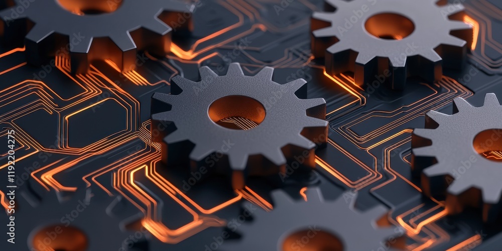 Poster a close-up of interlocking gears on a circuit board, showcasing a blend of mechanical and electronic