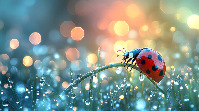 Ladybug on Dew-Kissed Grass: A vibrant red ladybug with black spots perches delicately on a blade of grass, glistening with morning dew.  The bokeh background hints at a soft sunrise.  - Powered by Adobe