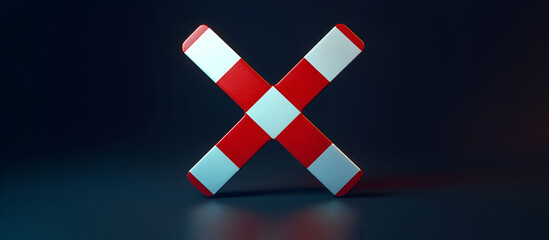 A railway crossing sign icon with red and white colors, displayed on a solid background with ultra-realistic lighting effects 