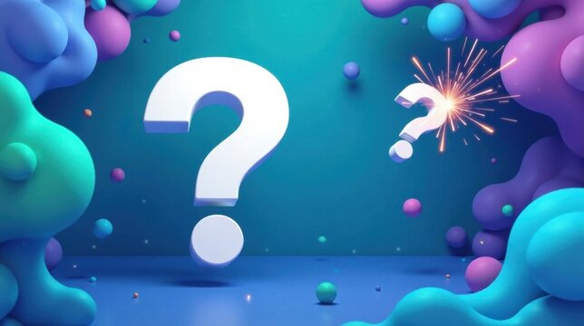 Illuminated Inquiry A 3D Rendering of Question Marks Amidst Abstract Shapes and Sparkling Light