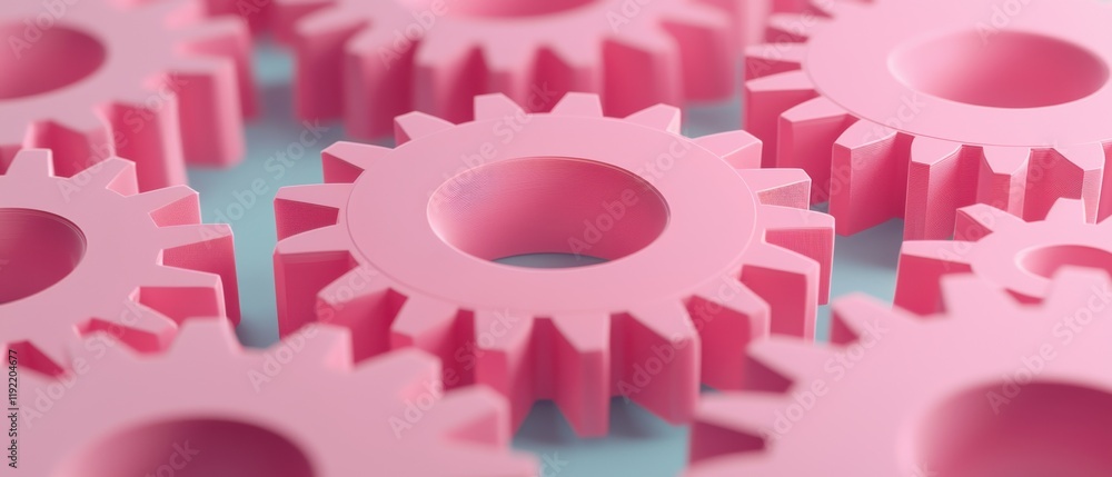 Poster a close-up image of pink gears arranged on a light surface, showcasing their intricate design and st