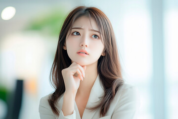 頬杖をついて悩み考える若い日本人の女性