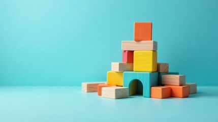 Colorful Wooden Blocks Arranged in a Creative Stacking Formation Against a Light Blue Background