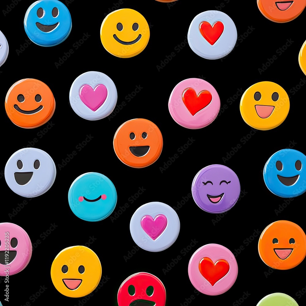 Poster colorful collection of emoji icons displayed on a black background featuring various expressions and