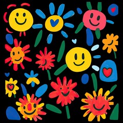 Vibrant and Joyful Abstract Floral Art with Colorful Flowers, Smiley Faces, and Playful Shapes on a Dark Background for Brightening Any Space