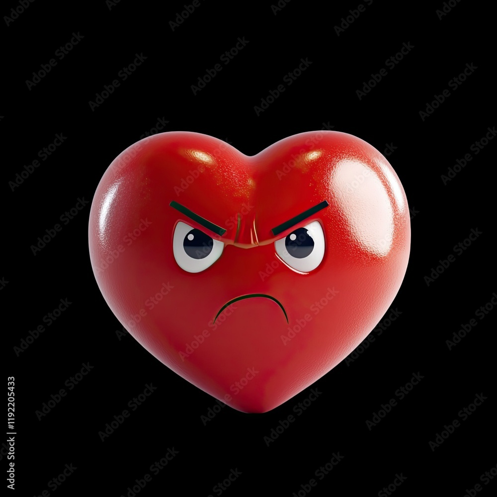 Poster Angry Red Heart with Intense Expression on Black Background Ideal for Illustrating Strong Emotions or Relationship Themes in Various Creative Projects