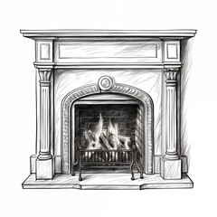 Fototapeta premium Fireplace with a burning flame, in a house, without people, isolated on a white background, simple black and white sketch, drawing, image, for printing on a T-shirt 