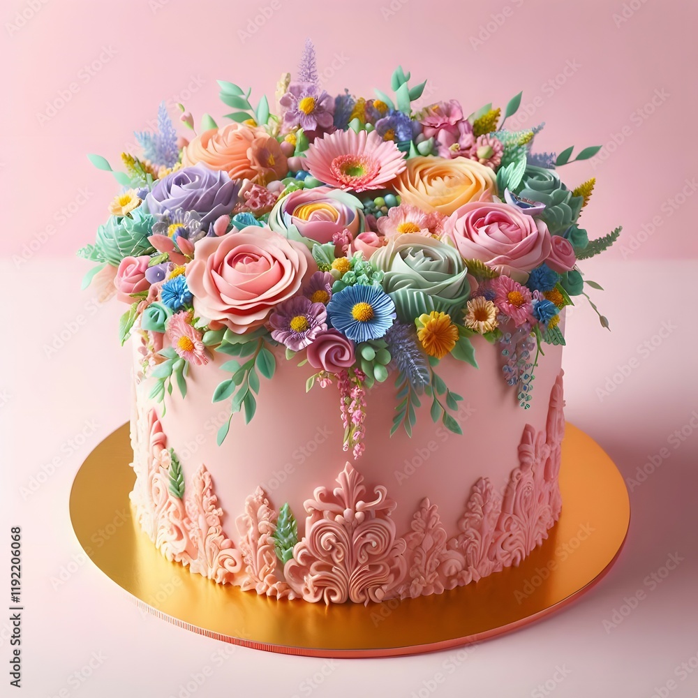 Poster A delightful cake adorned with a vibrant array of buttercream flowers on a golden cake stand display
