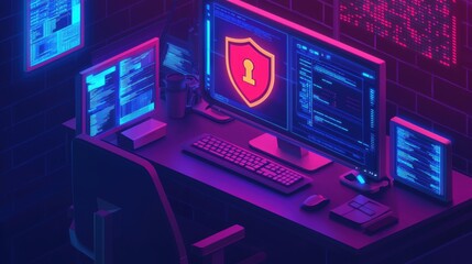 Fototapeta premium Cybersecurity Workspace with Computer and Digital Security Elements