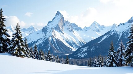 Obraz premium Serene Winter Landscape Featuring Majestic Snow-Capped Peaks and Evergreen Trees in a Pristine Snowy Valley