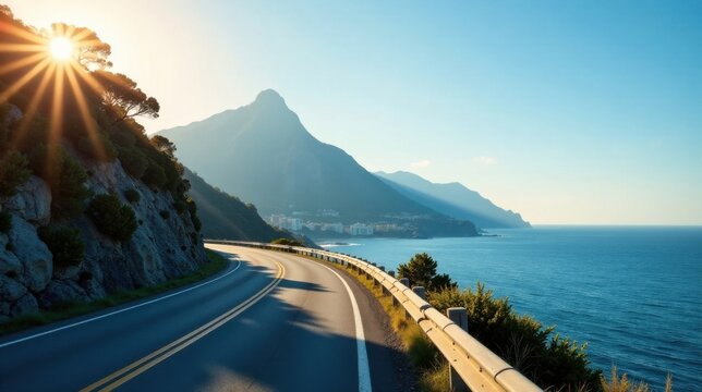 Scenic coastal highway winding along a majestic mountain range at sunset, offering breathtaking views of the tranquil ocean