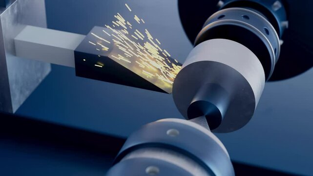 Close up of universal CNC drilling machine with sparks from drilling.