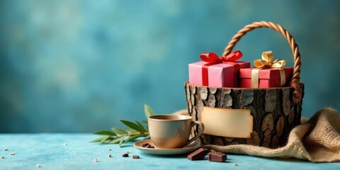 A rustic wooden gift basket holds charmingly wrapped presents, complemented by a warm beverage and a sprig of greenery, creating a scene of thoughtful gifting and quiet enjoyment.