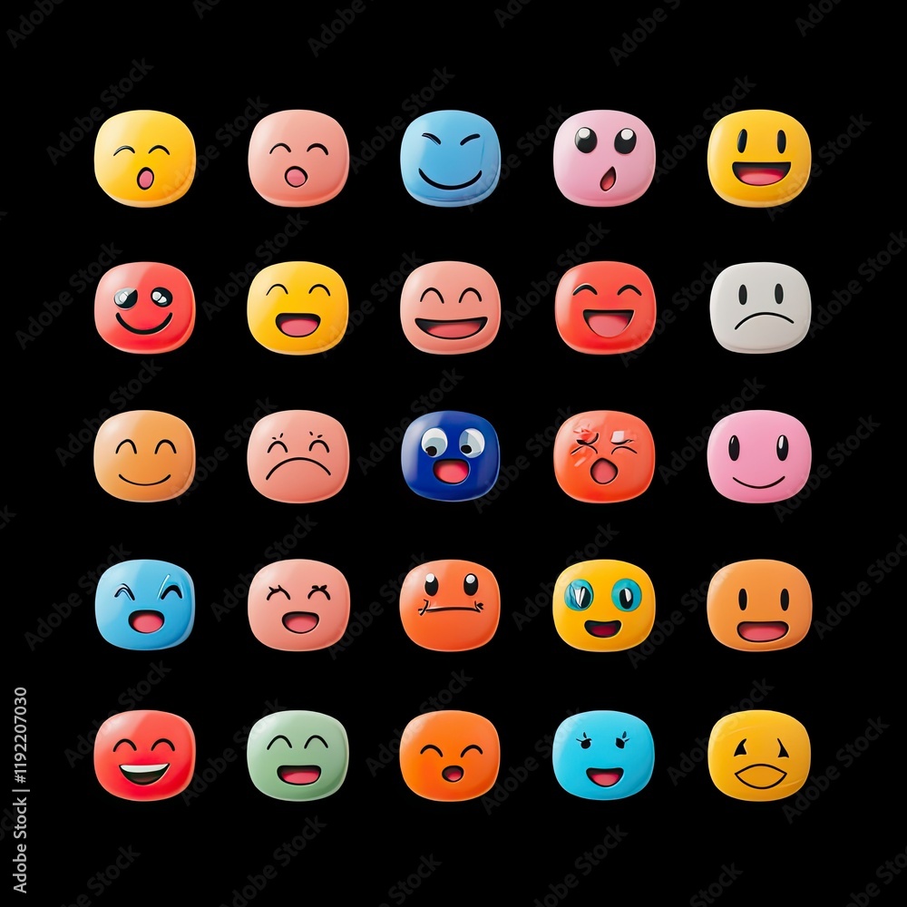 Poster a colorful collection of various facial expressions displayed on smooth emoji icons against a black 