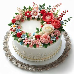 A beautifully decorated cake with floral arrangements on a silver platter for a special celebration event