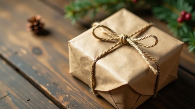A simply wrapped gift, tied with twine, sits on a rustic wooden surface, next to a pine branch and a small pine cone.  The image evokes feelings of warmth, simplicity, and the holiday season.