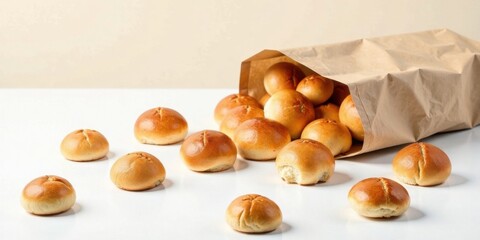 A paper bag overflowing with freshly baked, golden-brown rolls spills onto a pristine white surface, several rolls scattered nearby, creating a tempting display of delicious baked goods.