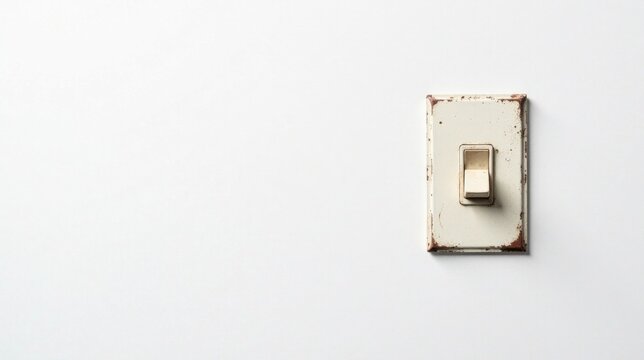 A weathered off-white light switch with rusty edges mounted on a plain white wall, suggesting age and rustic charm