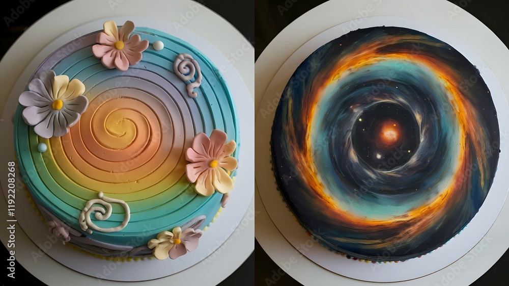 Poster two cakes displayed side by side with colorful and unique designs on a white background surface view