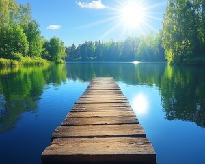 Scandinavian lakeside view, old wooden dock leading into a peaceful lake, surrounded by lush Finnish forest, warm sunlight and clear blue sky, summer tranquility