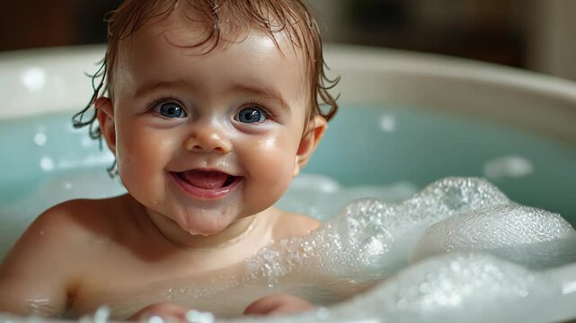 smiling happy cute baby boy in tub with bubble soap foam 