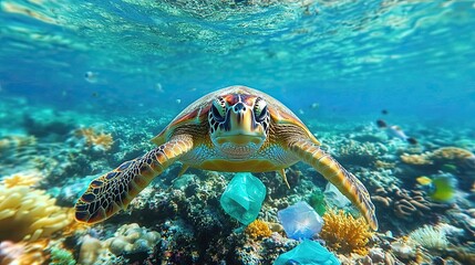 Fototapeta premium Colorful sea turtle swimming gracefully through vibrant coral reef under clear blue water in tropical environment