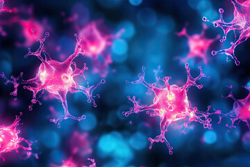 A vibrant close-up of neurons illuminated in pink and blue, showcasing the intricate connections and structure of neural networks in a visually striking manner.