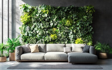 3D rendering of a green wall in vertical gardening, home interior with flourishing plants, creating a calming and fresh atmosphere, ecoconscious design