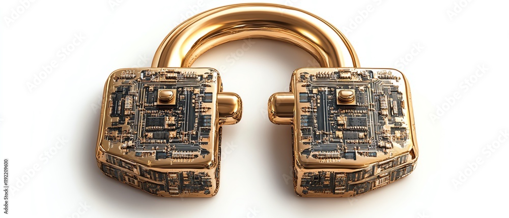 Poster Advanced golden padlock with embedded electronic circuits, digital password security for confidential data protection, hightech fraud prevention system, secure network concept