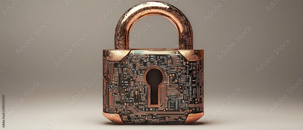Poster advanced golden padlock with embedded electronic circuits, digital password security for confidentia