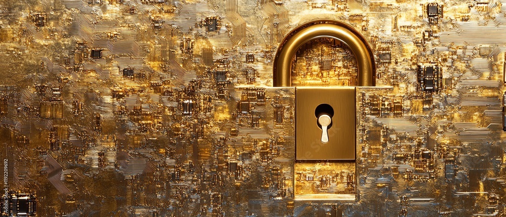Poster advanced golden padlock with embedded electronic circuits, digital password security for confidentia