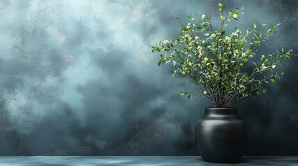 A decorative plant in a black vase against a textured wall.