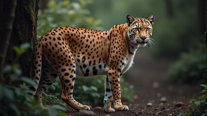 Obraz premium A well-fed leopard walks along a forest path
