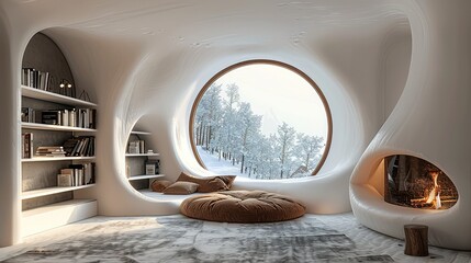 A round window in the wall of an organically shaped white house. There is a fireplace on one side and a bookshelf full of books next to it.