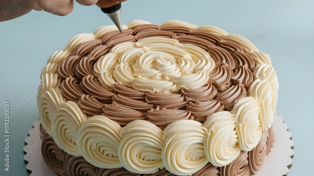 Poster a delectable cake being decorated with chocolate and vanilla frosting swirls in a circular pattern d
