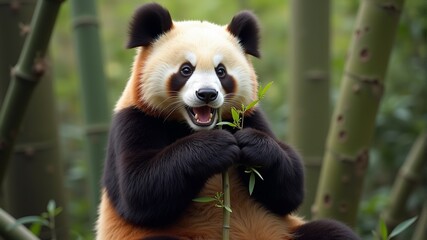 Obraz premium Panda enthusiastically eats a bamboo branch in a bamboo grove