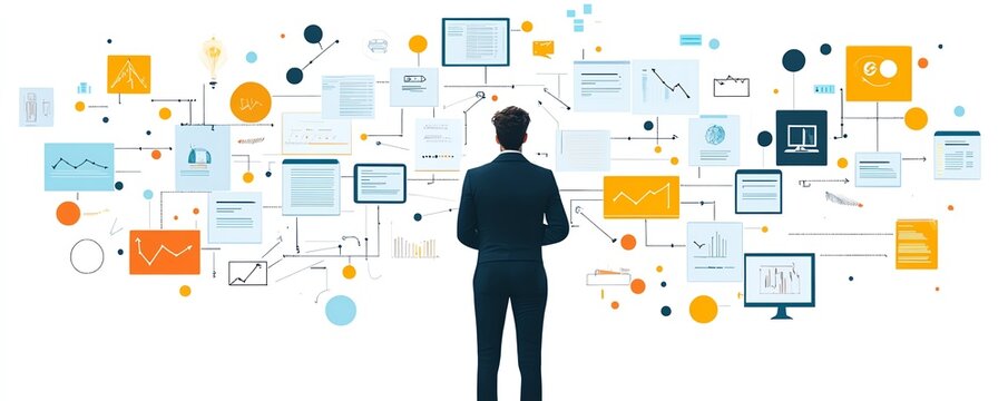 Chaotic decision tree and disorganized business process, messy management structure, illustrating complex and inefficient workflows in a corporate environment