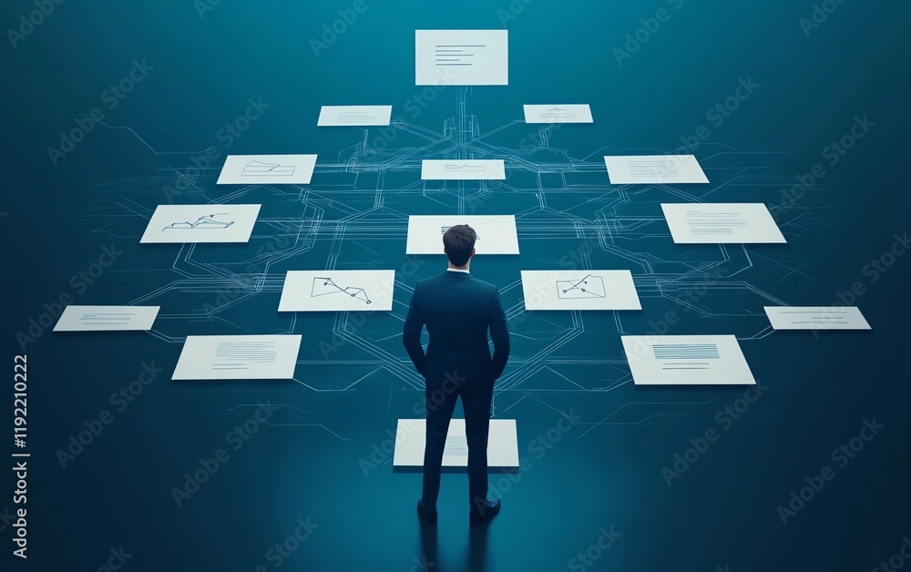 Aufkleber complicated and chaotic management process, disorganized decision tree, messy business workflow, ill