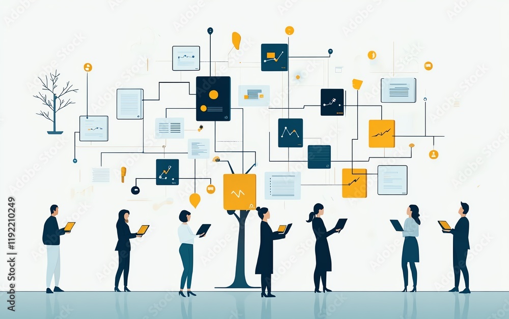 Aufkleber complicated and chaotic management process, disorganized decision tree, messy business workflow, ill