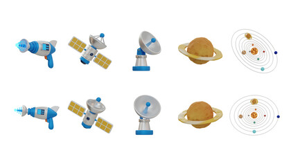 space exploration featuring a ray gun, satellite, radio antenna, planet with rings, and the solar system. 3D Icon High Quality Render © Permadicreative