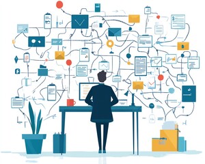 Complicated business management, chaotic decisionmaking process, tangled organizational structure, illustrating the confusion and mess of disorganized workflows
