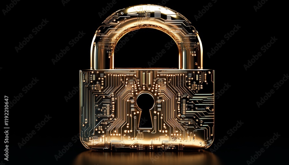 Poster futuristic golden padlock, embedded electronic circuits, symbolizing cuttingedge password security f