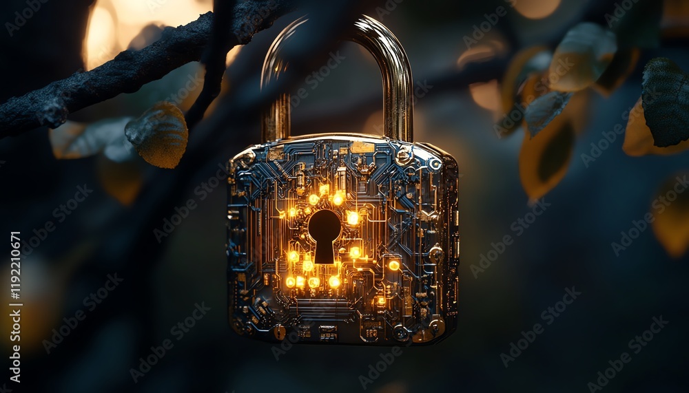Poster futuristic golden padlock, embedded electronic circuits, symbolizing cuttingedge password security f