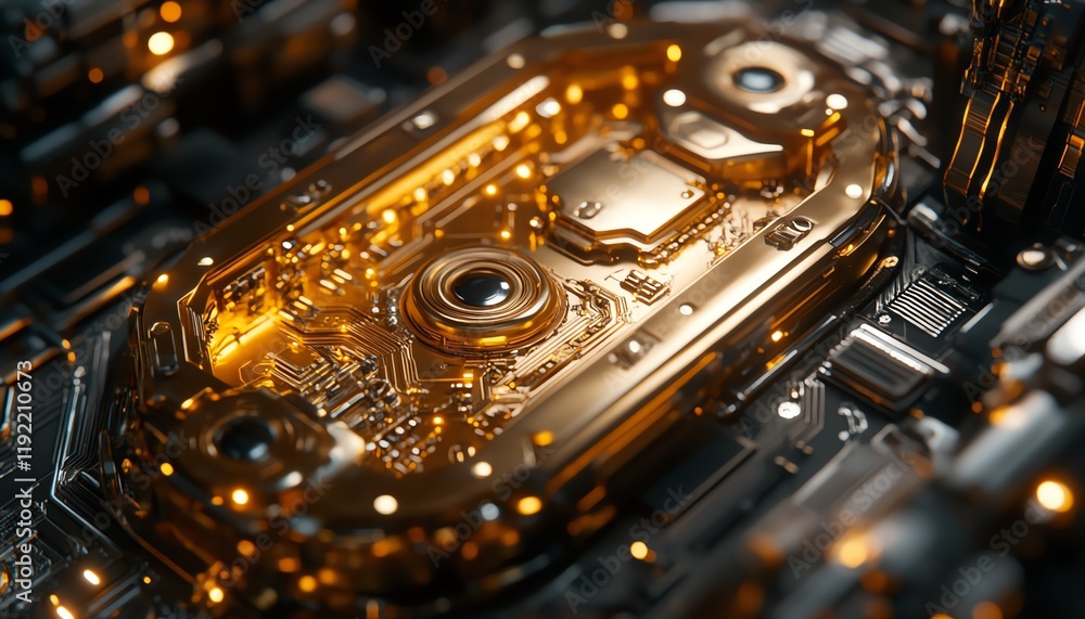Poster futuristic golden padlock, embedded electronic circuits, symbolizing cuttingedge password security f
