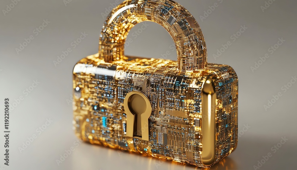 Poster futuristic golden padlock, embedded electronic circuits, symbolizing cuttingedge password security f